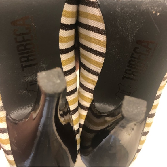 Tribeca peep-toe pumps, large rhinestone bling, white, gold, brown stripes, Sz 7 - Picture 10 of 13